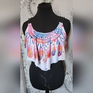 Dressfo - Multi-Color Three Strap Feather Print Bathing Suit Top - (8/L)